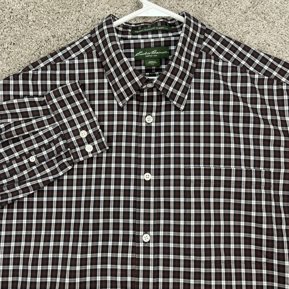Eddie‎ Bauer Shirt Mens XLT Gray Plaid Classic Fit Wrinkle Resistant Long Sleeve